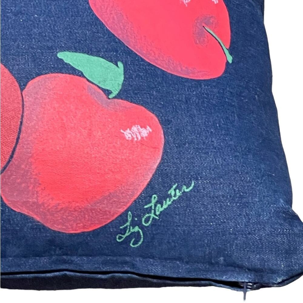 Decorative Handpainted Square Denim Blue Red Apple Pillow by Artist Liz Lauter - Picture 3 of 8